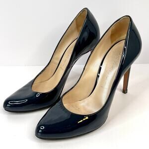 Casadei Size 6 Dark Navy Blue Patent Leather Pumps 3.5 Inch High Heels